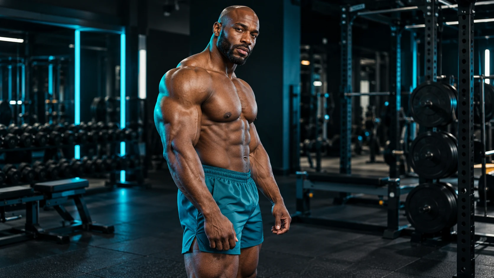 Fictional adult male bodybuilder in a gym, an original fitness illustration for V-Taper Press